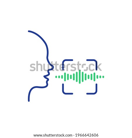 Voice and Speech Recognition line Icon. Scan Voice Command Icon with Sound Wave. Voice Control. Speak or Talk Recognition and Identification line Icon. Human head and Sound Wave. Vector Illustration.