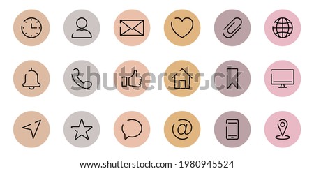 Instagram Highlights Cover Icons. Set of Website Contact Info Icons. Highlights Stories Covers Line Pictogram for Business Card. Editable stroke. Vector illustration.