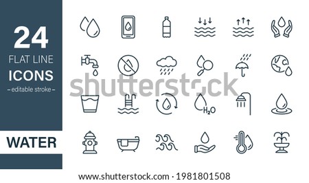 Water Line Icon Set. Drop Water Thin Linear Icon. Mineral Water, Low and High Tide, Shower, Plastic Bottle and Glass Outline Pictogram. Fire Hydrant and Fountain. Editable stroke. Vector illustration.