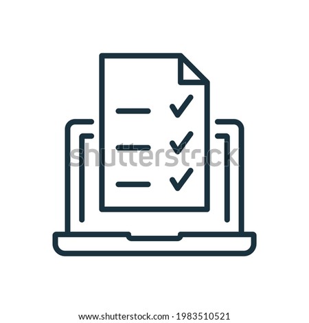 Online Exam, taking Test, Questionnaire or Checklist on Device Screen. Laptop with Online Form Survey Line Icon. Online Education and Elearning concept. Editable stroke. Vector illustration.