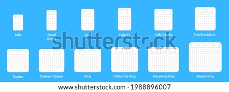 Different White Mattress Line Icons. Mattress Sizes and Bed Dimensions. Dimension Measurements for Crib, Small Single, Twin, Full or Double, Queen and King Size Bed. Vector illustration.