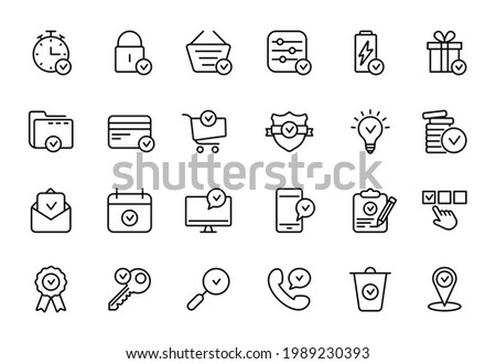 Set of Approve Line Icons. Check Marks, Ticks Linear Pictogram. Contains such Icons as Check List, Test, Award, Quality Control. Thin Line Design. Editable stroke. Vector illustration.