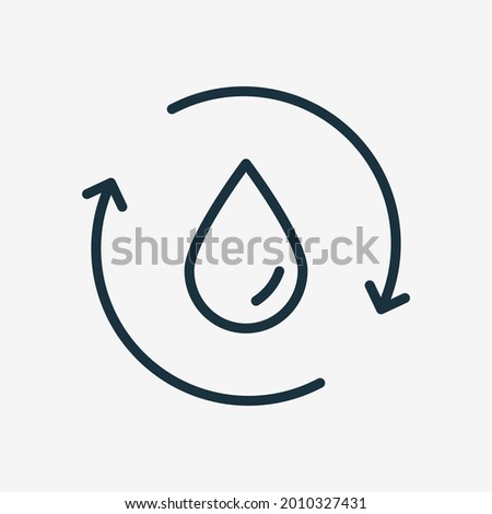 Recycle or Reuse Water Linear Icon. Save world. Water Drop with 2 Sync and Circular Arrows. Recycle symbol. Renew of Liquid. Editable stroke. Vector illustration.