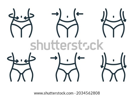 Slimming Waist. Woman and Man Loss Weight Line Icon. Shape Waistline Control Outline Icon. Set of Female and Male Body Slimming Linear Pictogram. Editable Stroke. Isolated Vector Illustration.