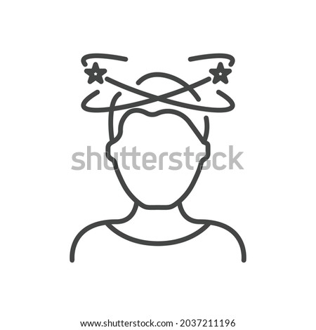 Dizziness, Migraine, Headache, Distracted Head Linear Pictogram. Front View. Man Feel Dizzy Line Icon. Tired Man with Nausea Outline Icon. Editable Stroke. Isolated Vector Illustration.