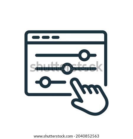 Control Panel Line Icon. Adjustment Button with Hand Linear Pictogram. Control Panel and Pointer Outline Icon. Multimedia adjusting symbol. Editable Stroke. Isolated Vector Illustration. Foto stock © 