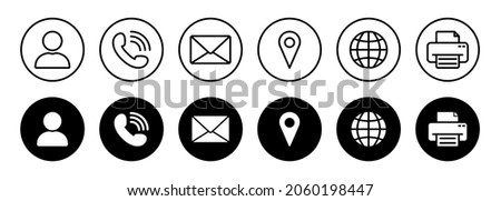 Set of Online Contact Icon. Web Line and Silhouette Icons. Website Black Buttons Symbol of Call, Message. Handset Phone, Email, Man, Pin, Globe, Fax Outline Pictogram. Isolated Vector Illustration.