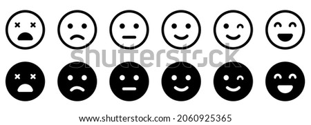 Emoticons Line and Silhouette Icon Set. Positive, Happy, Smile, Sad, Unhappy Faces Pictogram. Simple Emoji Collection. Customers Feedback Concept. Good and Bad Mood. Isolated Vector Illustration.
