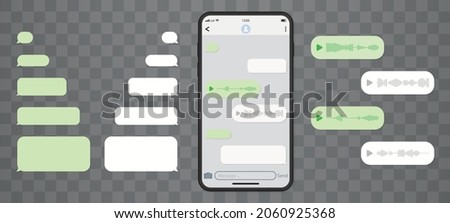 Mockup of Chat in Mobile Phone on Transparent Background. Interface Template of Mobile App with Text and Voice Messages on Bubble. Conversation on Smartphone Screen. Telegram messenger. Vector