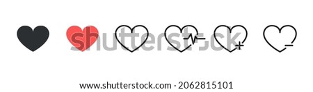Collection of Hearts Icon. Heartbeat, Pulse, Cardiogram Concept. Cute Hearts with Heartbeat, Plus and Minus. Romantic Valentine Heart Pictogram Set. Isolated Vector Illustration.