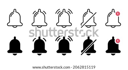 Set of Notification Bells and Silent Mode Concept Line and Silhouette Icon. Ringing Doorbells for Mobile Phone App. Notice Symbol on Smartphone. Bell with Red Button. Isolated Vector Illustration.