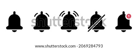 Set of Black Notification Bells and Silent Mode Concept Silhouette Icons. Bell with Red Button. Ringing Doorbells Icons for Mobile Phone App. Notice Symbol on Smartphone. Isolated Vector Illustration.