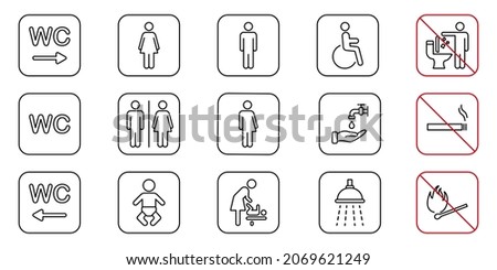 Toilet Room Line Icon. Set of WC Sign. Mother and Baby Room Outline Pictogram. Public Washroom for Disabled, Male, Female, Transgender. No smoking Sign. Editable Stroke. Vector Illustration.