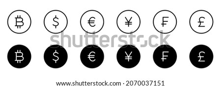World Currency Line and Silhouette Icon Set. Euro, Usd Dollar, Bitcoin, Yen, Franc, Pound Sterling Pictogram. Money Symbols and Cryptocurrency Sign. Editable Stroke. Isolated Vector Illustration.