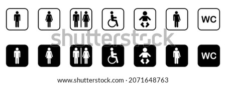 Set of Toilet Silhouette Icon. Collection of Symbols Restroom. Mother and Baby Room. Sign of Washroom for Male, Female, Transgender, Disabled. WC Sign on Door for Public Toilet. Vector Illustration.