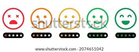 Emoji Feedback Scale with Stars Line Icon. Customers Mood from Happy Good Face to Angry and Sad Concept. Emoticon Feedback. Level Survey of Customer Satisfaction. Isolated Vector Illustration.