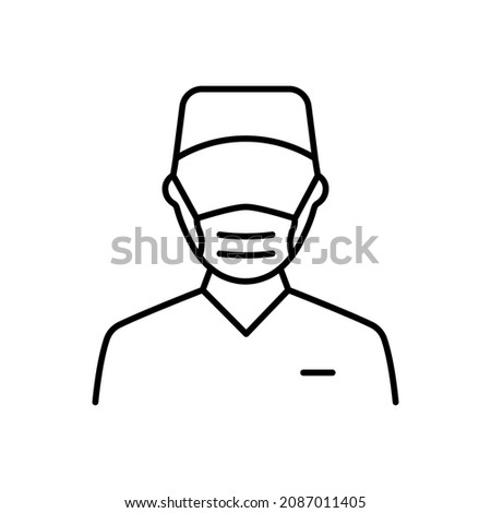 Surgeon Man Doctor Line Icon. Plastic Surgery Specialist in Medical Mask Linear Pictogram. Professional Surgeon Staff in Hospital Outline Icon. Editable Stroke. Isolated Vector Illustration.