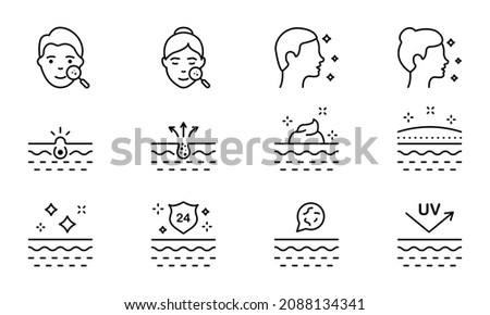 Face Skin Care Set Line Icon. Pimple, Blackhead, Microbes on Skin, Protect of UV, Cream Linear Pictogram. Man and Woman Beauty Skincare Outline Icon. Editable Stroke. Isolated Vector Illustration. ストックフォト © 