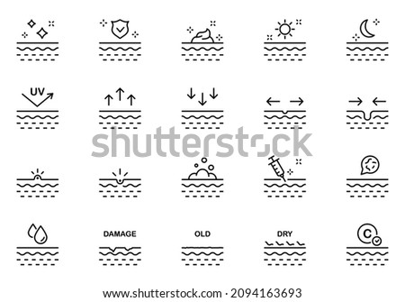 Skin Care Moisture, Injection, Protection Line Icon Set. Skin Problem Pimple, UV, Acne, Microbes Linear Pictogram. Treatment Skin Layer Outline Icon. Editable Stroke. Isolated Vector Illustration.