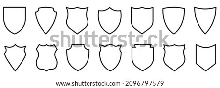 Shield Black Line Icon Set. Outline Sign of Safety, Defence Pictogram. Guard Defense Emblem Outline Icons. Police Badge Shape and Football Patches. Editable Stroke. Isolated Vector Illustration.