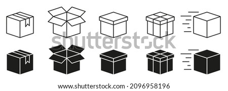 Cardboard Boxes Line and Silhouette Icon Set. Open and Closed Parcel Collection Icon. Delivery icon. Carton Boxes. Editable Stroke. Isolated Vector Illustration.