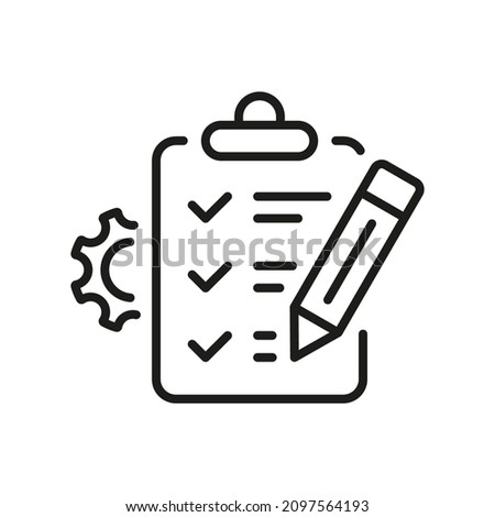 Gear, Clipboard, Pencil Project Setting Checklist Line Icon. Check List and Cog Wheel Management Plan Linear Pictogram. Control Document Outline Icon. Editable Stroke. Isolated Vector Illustration.