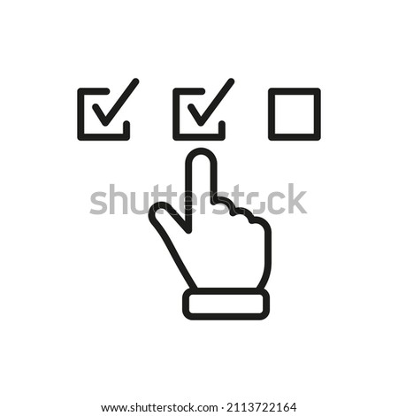 Questionnaire Line Icon. Finger Choice Check List Linear Pictogram. Hand Tick Checkmark Outline Icon. Choice Checkbox in Checklist. Digital Application. Editable Stroke. Isolated Vector Illustration. Foto d'archivio © 