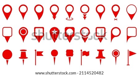 Red Location Pins Set Silhouette Icon. Marker Point on Map, Place Location Pictogram. Flag Mark, Thumbtack Sign. Pointer Navigation Symbol. Red GPS Tag Collection. Isolated Vector Illustration.