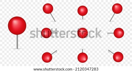 Push Pin Red Realistic Set. 3D Thumbtack with Metal Needle on Transparent Background at an Angle. Collection of Red Globe Pushpin for Map. Round Pushpin for Paper Note. Isolated Vector Illustration.