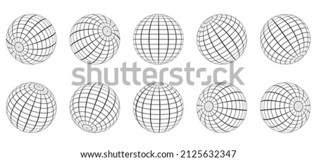 Globe Grid Sphere Set. 3D Wire Global Earth Latitude, Longitude. Geometric Grid Globe. Round Grid Mesh Ball. Wired Line 3D Planet Globe. Wireframe Globe Surface. Isolated Vector Illustration.
