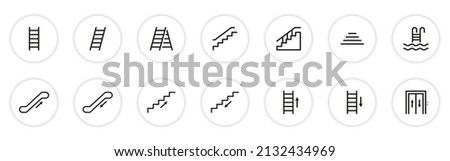 Set of Staircases Line Icon. Stairs Linear Pictogram. Climb Up or Go Down on Steps. Ladder, Elevator, Stairway, Escalator, Pool Stair Outline Icon. Isolated Vector Illustration.