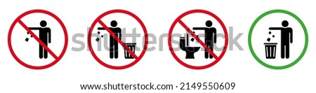 Keep Clean Silhouette Sign. Allowed Throw Rubbish, Waste, Garbage in Bin Symbol. Do Not Throw Trash in Toilet Glyph Icon. Warning Please Drop Litter in Bin Sticker. Isolated Vector Illustration. Foto stock © 