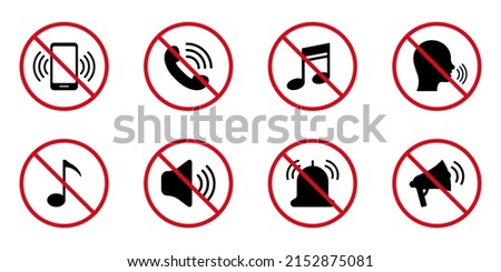 Silence Mute Black Silhouette Icon Set. Forbidden Loud Sound Voice Pictogram. Ban Noise Phone Loudspeaker Sound Red Stop Symbol. Call Prohibited Notice. Quiet Mode Icon. Isolated Vector Illustration.
