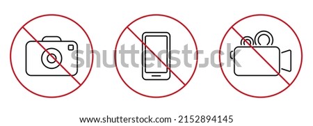 Photography Forbidden Area Outline Sign. No Video Photo Camera Mobile Phone Black Line Ban Icon Set. No Allowed Zone for Recording Red Stop Symbol. Camera Prohibited. Isolated Vector Illustration.