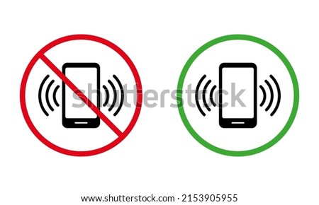 Mobile Phone Call Black Silhouette Icon Set. Cell Phone Ban Zone Place Red Forbidden Round Sign. Use Smartphone Allowed Area Green Symbol. Warning Please Do Not Speak. Isolated Vector Illustration.