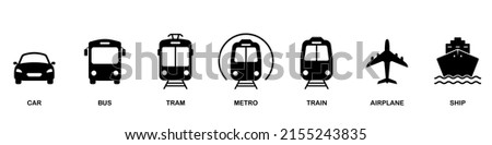 Air, Auto, Railway Transport Silhouette Icon Set. Stop Station Sign for Public Transport Glyph Pictogram. Car, Bus, Tram, Train, Metro, Plane, Ship Icon in Front View. Isolated Vector Illustration.