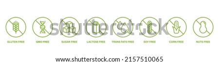 No Sugar, GMO, Gluten, Dairy, Trans Fat, Soy, Corn, Nuts Stop Green Sign Set. Vegan Food Logo. Free Allergen Ingredient Line Icon. Forbidden Allergy Product Symbol. Isolated Vector Illustration.