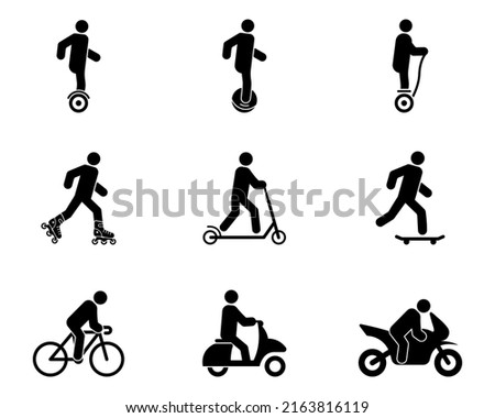 Electric Urban Transport Rent Black Silhouette Icon Set. Man Gyroscooter Bike Roller Skate Board Kick Scooter Unicycle Glyph Pictogram. Eco Device Transportation Symbol. Isolated Vector Illustration.