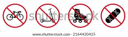 Prohibit Wheel Push Transport. Ban Rollerskate Skate Board Kick Scooter Bike Black Silhouette Icon Set. Forbid Roller Skate Pictogram. No Allowed Bicycle Red Stop Sign. Isolated Vector Illustration.