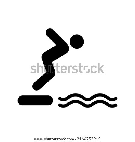 Man Dive Swim in Sea Water from High Board Black Silhouette Icon. Boy Sport Training Athletic Swimmer Jump in Pool from Board Glyph Pictogram. Person Dive Flat Symbol. Isolated Vector Illustration.