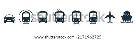Transport Silhouette Icons. Air, Auto, Railway Transport Pictogram. Stop Station Sign for Public Transport Icon. Car, Bus, Tram, Train, Metro, Plane and Ship Icon in Front View. Vector Illustration.