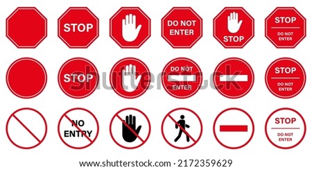 Do Not Enter Red Circle Symbol. Caution No Allowed Entry Stop Road Sign. Entrance Prohibited. Warning Palm Hand Ban Access Silhouette Icon. Forbidden Traffic Pictogram. Isolated Vector Illustration. Сток-фото © 