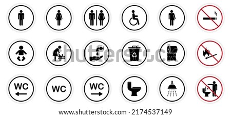 Toilet Room Silhouette Icon. Set of WC Sign. Bathroom, Restroom Pictogram. Public Washroom for Disabled, Male, Female, Transgender. Mother and Baby Room. No smoking Sign. Vector Illustration.