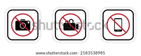 Photography Forbidden Area Icon. No Video, Photo Camera, Mobile Phone Black Silhouette Ban Icon Set. Camera Prohibited. Not Allowed Zone for Recording Red Stop Symbol. Isolated Vector Illustration.