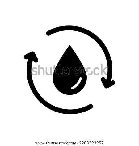Recycle or Reuse Water Silhouette Icon. Save world. Recycle symbol. Water Drop with 2 Sync and Circular Arrows. Renew of Liquid. Vector Isolated Illustration.