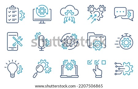 Technology Configuration Line Icon. Innovation Business Process Outline Icon. Gear, Computer, Tool, Speech Bubble Digital Setting Color Pictogram. Editable Stroke. Isolated Vector Illustration.