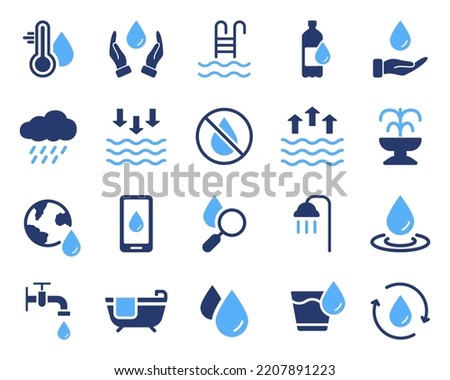 Drink Clean Water Silhouette Black Icon Set. Water Drop Ecology Liquid Glyph Pictogram. Faucet, Tap, Fountain, Soda, Rain, Shower, Bath Purity Aqua Symbol. Isolated Vector Illustration.
