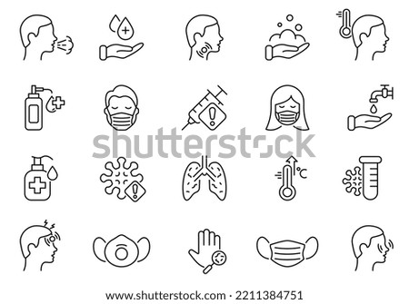 Virus and Flu Line Icon Set. Coronavirus Symptoms, Safety, Mask Protection, Prevention and Flu Disease Pictogram. Washing Hand and Sanitizer Icon. Editable stroke. Vector illustration.