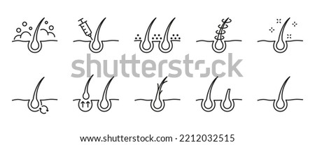 Hair Care and Loss Problem. Hair Cosmetic Line Icons. Shampoo, Dandruff, Haircut, Growth and Alopecia Outline Icon. Treatment and Problem of Hair. Editable Stroke. Isolated Vector illustration.