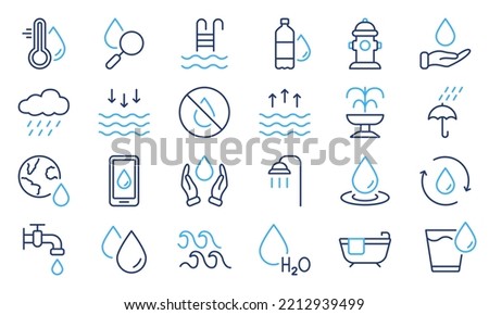 Mineral Water, Low and High Tide, Shower, Plastic Bottle and Glass Outline Pictogram. Fire Hydrant and Fountain. Water Line Icon Set. Drop Water Linear Icon. Editable stroke. Vector illustration.